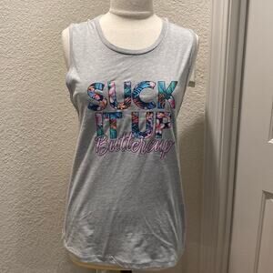 Women’s Gray Tank Top w/ “Suck It Up Buttercup” Hawaiian Floral Font EUC Sz Lg
